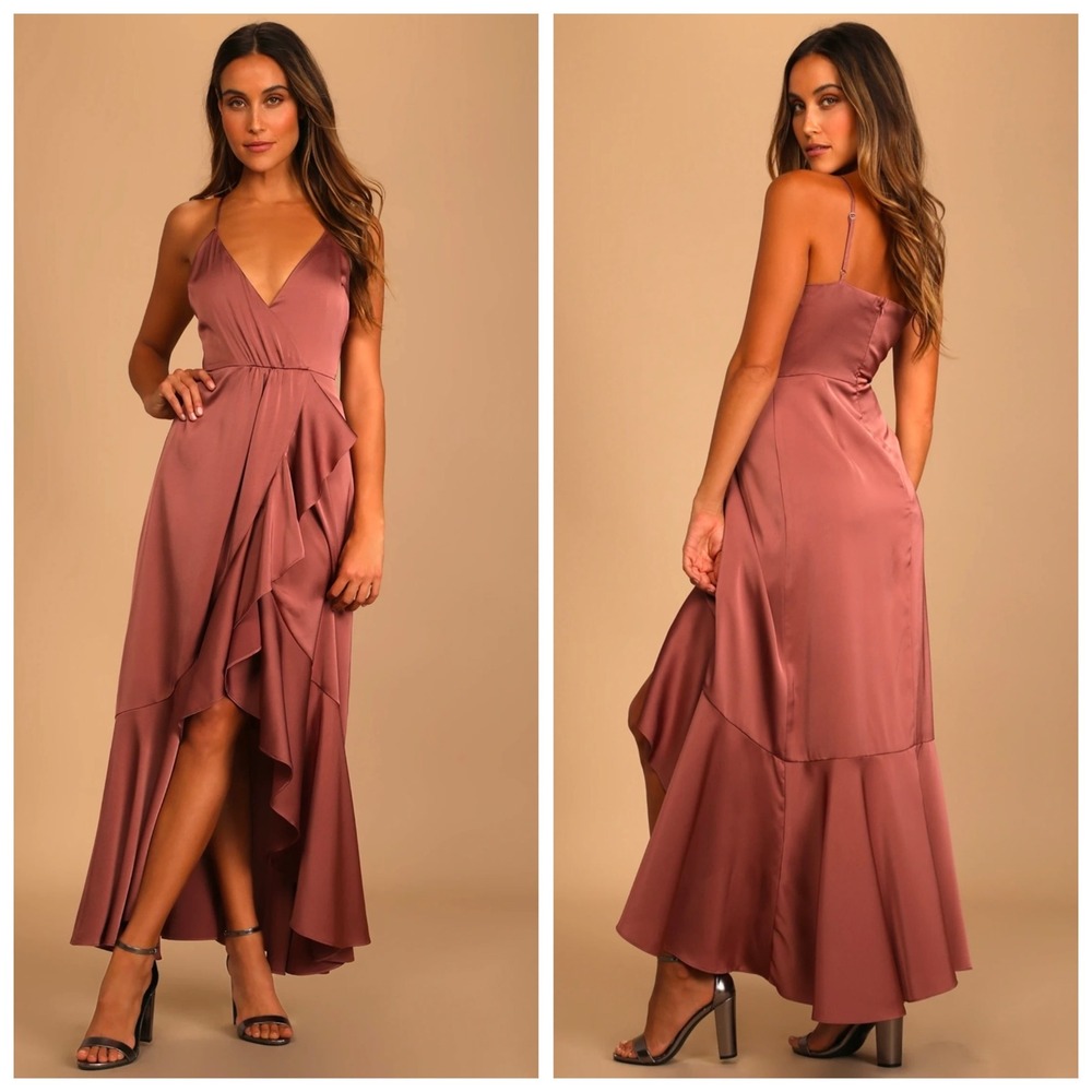 Lulus Mauve Satin Ruffle High-Low Maxi Dress Surplice Neckline XL CTD105130‎